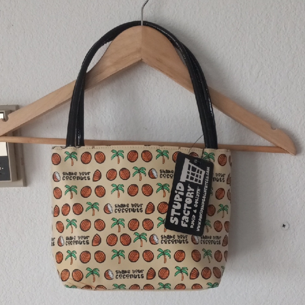 NWT Stupid Factory David & Goliath Coconut Print Tan Tote Bag